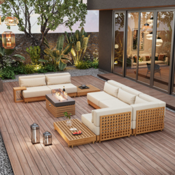 Grida 991 mm Propane Gas Fire Pit Table With Glass & Teak Modular Outdoor Sectional Sofa Set - thumbnail 3