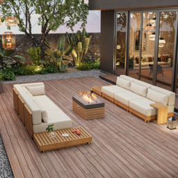Grida 991 mm Propane Gas Fire Pit Table With Glass & Teak Modular Outdoor Sectional Sofa Set - thumbnail 4