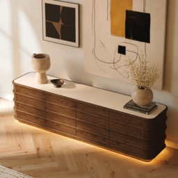 203cm Ash Wood Walnut TV Stand with Sintered Stone Top, Drawers & LED - thumbnail 2