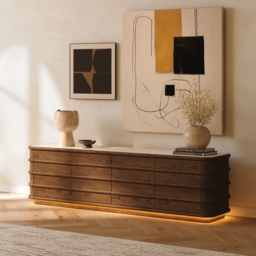 203cm Ash Wood Walnut TV Stand with Sintered Stone Top, Drawers & LED - thumbnail 1