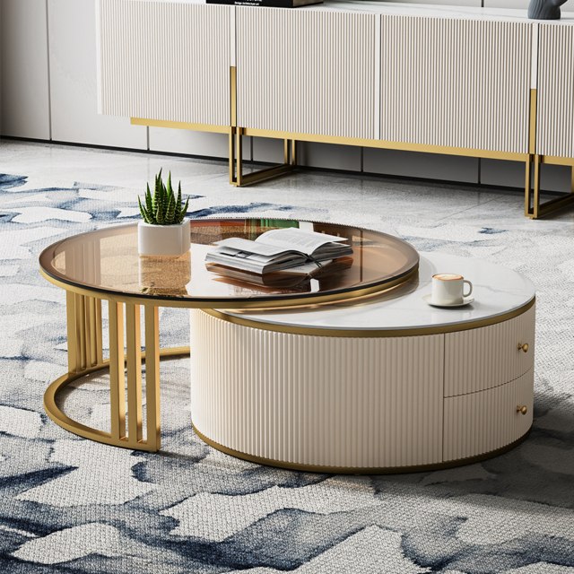 Grovyn Modern Nesting Sintered Stone Top Off-White Round Glass Coffee Table Storage - image 1