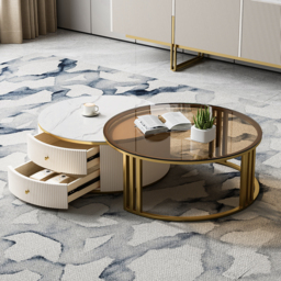 Grovyn Modern Nesting Sintered Stone Top Off-White Round Glass Coffee Table Storage - thumbnail 2