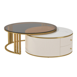 Grovyn Modern Nesting Sintered Stone Top Off-White Round Glass Coffee Table Storage - thumbnail 9