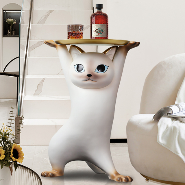 Modern Cat Side Table Decorative Cocktail Table Floor Resin Figurine with Gold Tray End Table - image 1