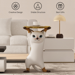 Modern Cat Side Table Decorative Cocktail Table Floor Resin Figurine with Gold Tray End Table - thumbnail 5