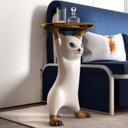 Modern Cat Side Table Decorative Cocktail Table Floor Resin Figurine with Gold Tray End Table - thumbnail 4