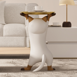 Modern Cat Side Table Decorative Cocktail Table Floor Resin Figurine with Gold Tray End Table - thumbnail 6