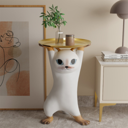 Modern Cat Side Table Decorative Cocktail Table Floor Resin Figurine with Gold Tray End Table - thumbnail 2