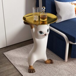 Modern Cat Side Table Decorative Cocktail Table Floor Resin Figurine with Gold Tray End Table - thumbnail 3