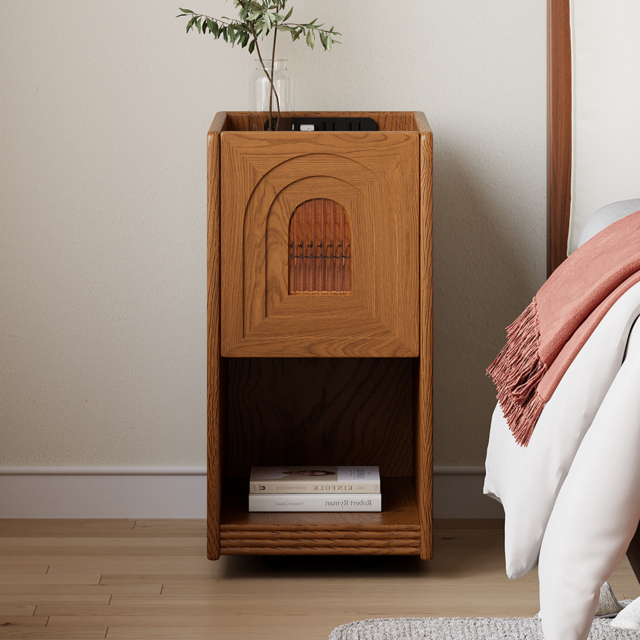 Rustic Narrow Smart Bedside Table Cherry Bedside Table with Sensor Light & USB Port - image 1