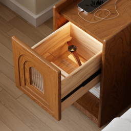Rustic Narrow Smart Bedside Table Cherry Bedside Table with Sensor Light & USB Port - thumbnail 6