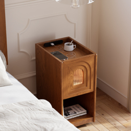 Rustic Narrow Smart Bedside Table Cherry Bedside Table with Sensor Light & USB Port - thumbnail 3