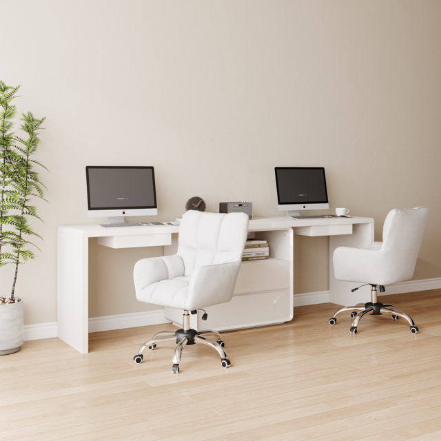 2400mm Two Person Double Computer Desk Modern White Retangular Office Desk with 4 Drawers & 1 Cabinet