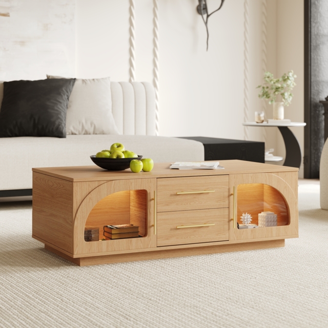 Arune Arched Glass Coffee Table Modern Natural Living Room Furniture with Storage and LED Light - image 1