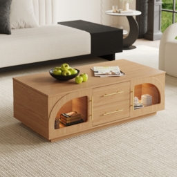 Arune Arched Glass Coffee Table Modern Natural Living Room Furniture with Storage and LED Light - thumbnail 2