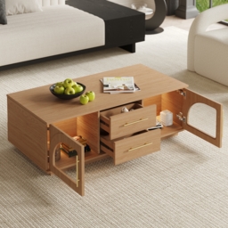 Arune Arched Glass Coffee Table Modern Natural Living Room Furniture with Storage and LED Light - thumbnail 4