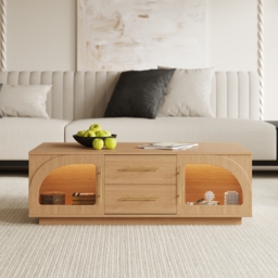 Arune Arched Glass Coffee Table Modern Natural Living Room Furniture with Storage and LED Light - thumbnail 3