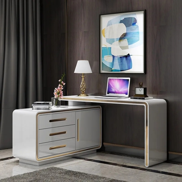 1400mm Modern White L-Shaped Desk Corner Rotating Computer Desk with Cabinet - image 1