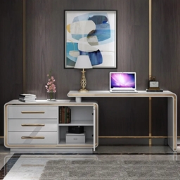 1400mm Modern White L-Shaped Desk Corner Rotating Computer Desk with Cabinet - thumbnail 3