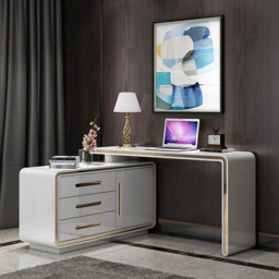 1400mm Modern White L-Shaped Desk Corner Rotating Computer Desk with Cabinet - thumbnail 1