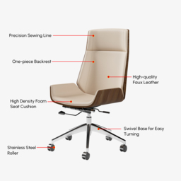 Khaki Faux Leather Office Chair Desk Chair with Wheels & Adjustable Height - thumbnail 8