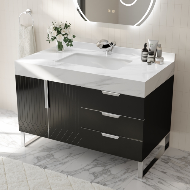 Aro 90 cm Black Freestanding Ceramics Basin Bathroom Vanity Drawers Faux Marble Top - image 1