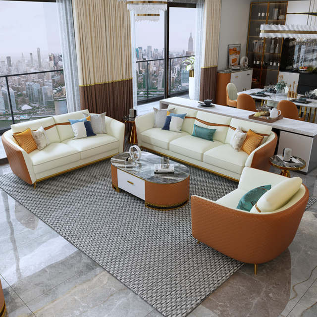 Colorg Orange Faux Leather Living Room Sofa with Single Sofa & Loveseat Set of 3 - image 1