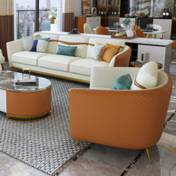 Colorg Orange Faux Leather Living Room Sofa with Single Sofa & Loveseat Set of 3 - thumbnail 4