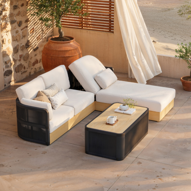 Black Woven Outdoor Sectional Sofa Set with Adjustable Reclining Chaise and Coffee Table 4-Piece Patio Set - image 1