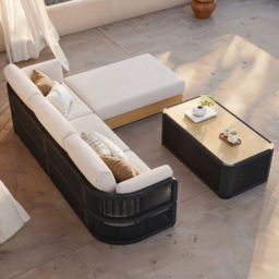 Black Woven Outdoor Sectional Sofa Set with Adjustable Reclining Chaise and Coffee Table 4-Piece Patio Set - thumbnail 5