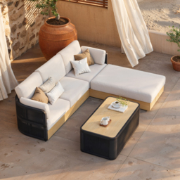 Black Woven Outdoor Sectional Sofa Set with Adjustable Reclining Chaise and Coffee Table 4-Piece Patio Set