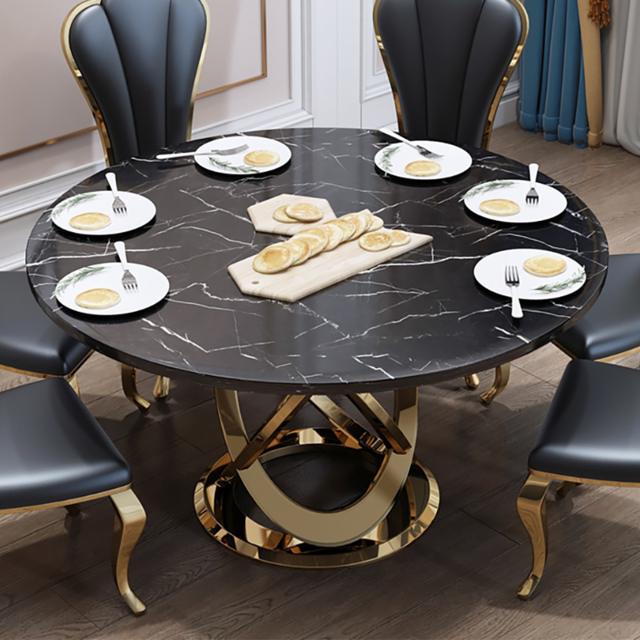 "51"" Modern Black & Gold Round Marble Dining Table with Stainless Steel Pedestal" - image 1