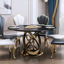 "51"" Modern Black & Gold Round Marble Dining Table with Stainless Steel Pedestal" - thumbnail 2