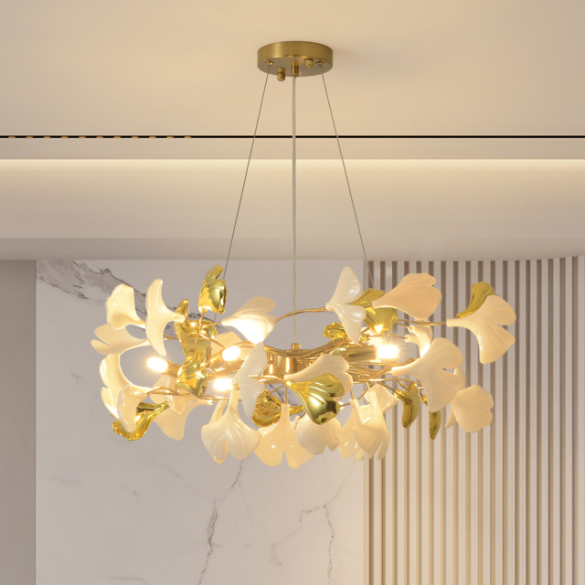 Martly 6-Light Art Deco Ginkgo Leaves Chandelier White & Gold Metal Ceiling Light - image 1