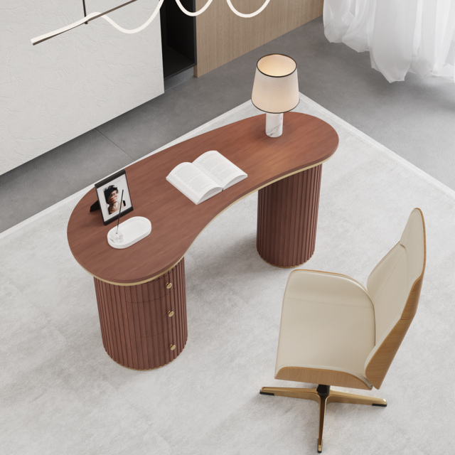 1400mm Modern Walnut Curved Desk 3-Drawer Wooden Home Office Desk Double Pedestal - image 1