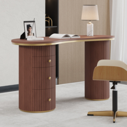 1400mm Modern Walnut Curved Desk 3-Drawer Wooden Home Office Desk Double Pedestal - thumbnail 4