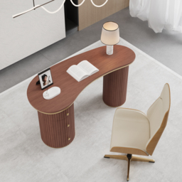 1400mm Modern Walnut Curved Desk 3-Drawer Wooden Home Office Desk Double Pedestal - thumbnail 1
