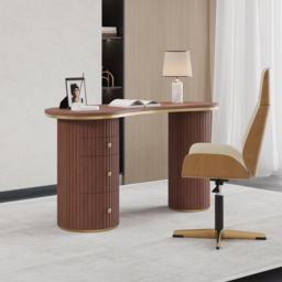 1400mm Modern Walnut Curved Desk 3-Drawer Wooden Home Office Desk Double Pedestal - thumbnail 3