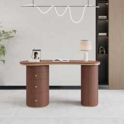 1400mm Modern Walnut Curved Desk 3-Drawer Wooden Home Office Desk Double Pedestal - thumbnail 2