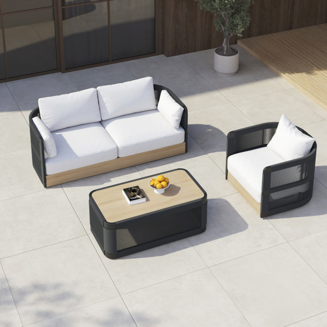Costra 3-Pieces Modern Aluminium & Rope Outdoor Swivel Sofa Set with Coffee Table in Black for 4 - image 1