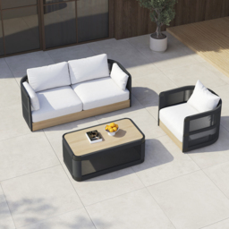 Costra 3-Pieces Modern Aluminium & Rope Outdoor Swivel Sofa Set with Coffee Table in Black for 4 - thumbnail 1