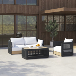 Costra 3-Pieces Modern Aluminium & Rope Outdoor Swivel Sofa Set with Coffee Table in Black for 4 - thumbnail 2
