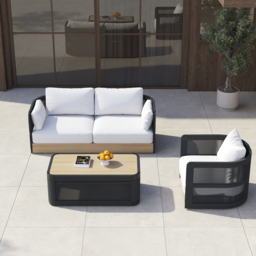 Costra 3-Pieces Modern Aluminium & Rope Outdoor Swivel Sofa Set with Coffee Table in Black for 4 - thumbnail 3