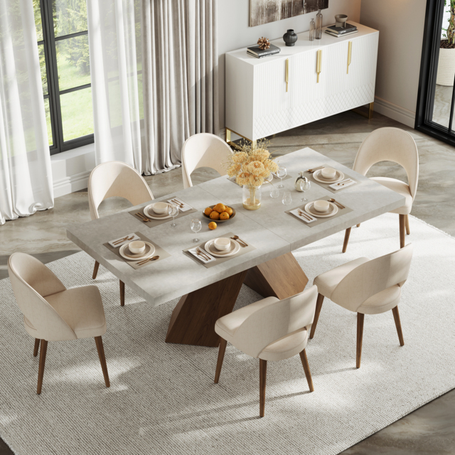 1600mm-2000mm Extendable Gray Dining Table & 6 Walnut Japandi Rattan Dining Chairs - image 1