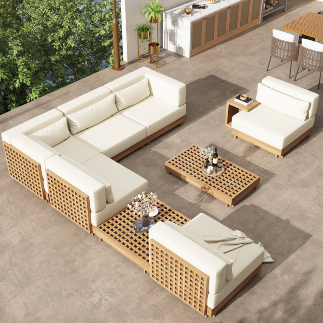 9-Pieces Versatile Whole Teak Luxury Modular L-Shaped Garden Patio Sectional Sofa Set in Beige with Coffee Table and Cushions - image 1