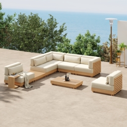 9-Pieces Versatile Whole Teak Luxury Modular L-Shaped Garden Patio Sectional Sofa Set in Beige with Coffee Table and Cushions - thumbnail 3