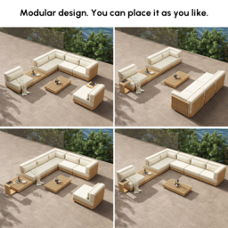 9-Pieces Versatile Whole Teak Luxury Modular L-Shaped Garden Patio Sectional Sofa Set in Beige with Coffee Table and Cushions - thumbnail 5