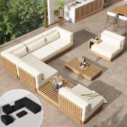 9-Pieces Versatile Whole Teak Luxury Modular L-Shaped Garden Patio Sectional Sofa Set in Beige with Coffee Table and Cushions - thumbnail 6