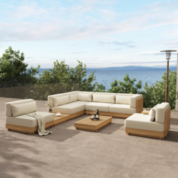 9-Pieces Versatile Whole Teak Luxury Modular L-Shaped Garden Patio Sectional Sofa Set in Beige with Coffee Table and Cushions - thumbnail 2