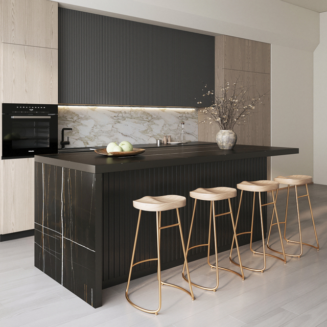183 cm Kitchen Islands Marble Veneered Top Black Modern with Storage Kitchen Cabinet - image 1